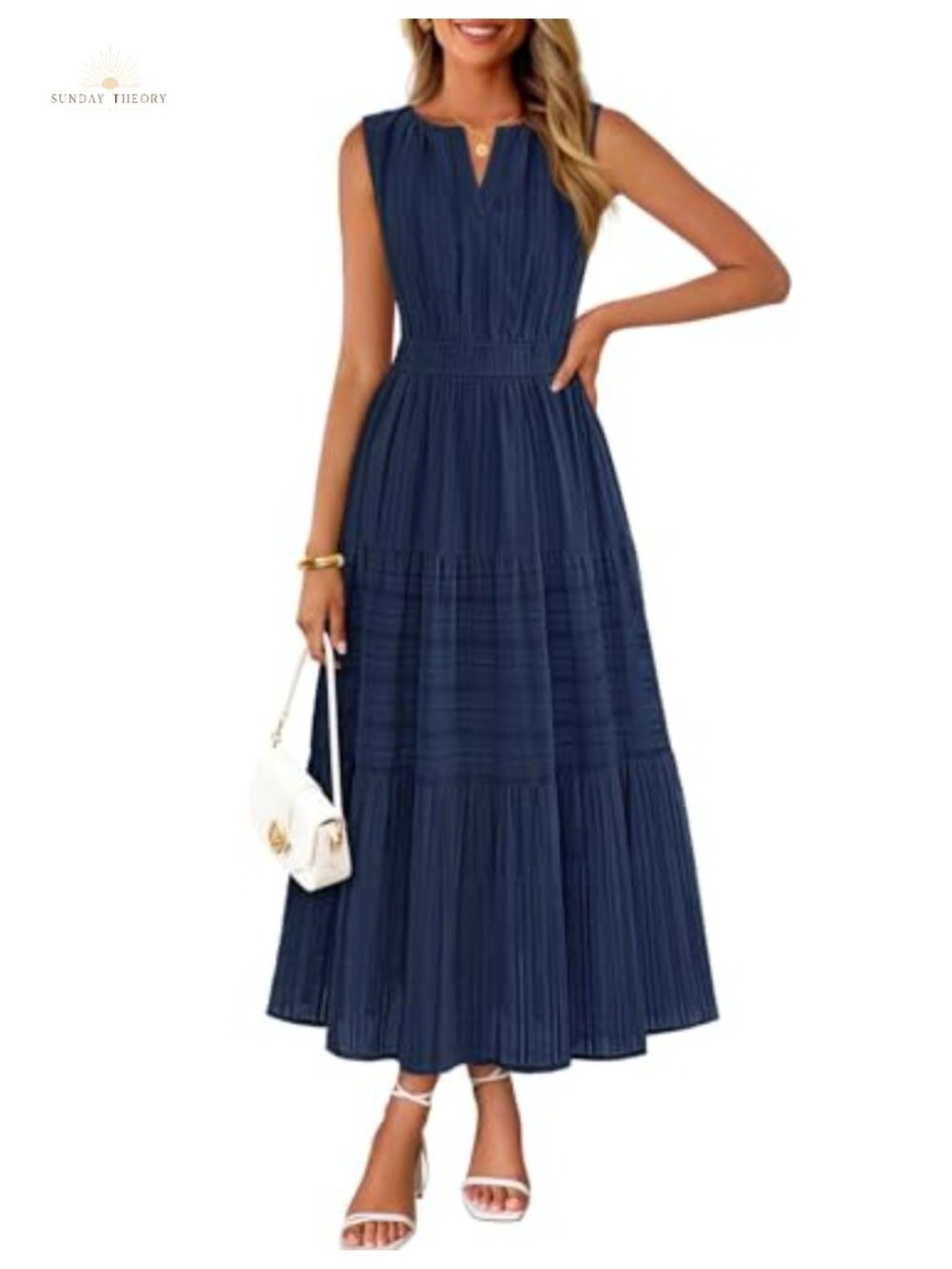 Sleeveless V Neck Tiered Midi Dress with Pockets Cotton Jacquard